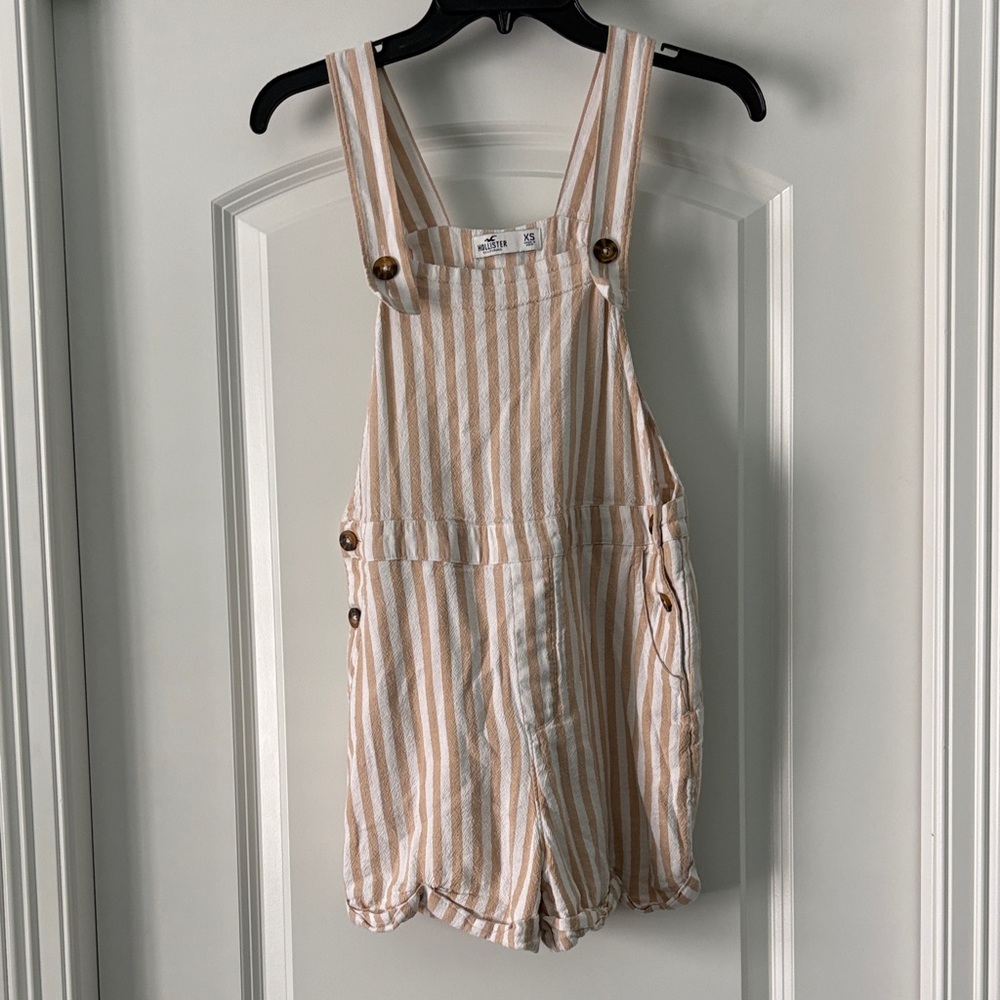 Hollister Kids Tan and White Striped Overalls